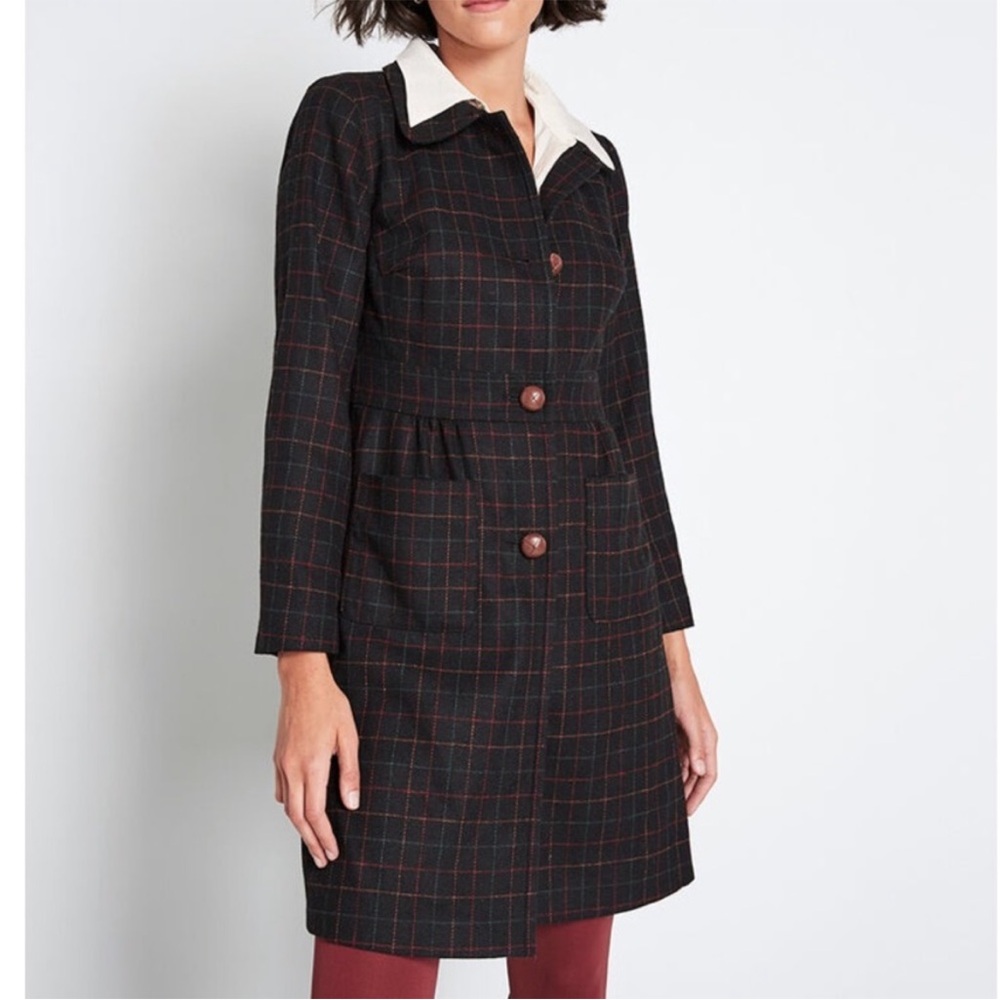 Modcloth Black and Red Plaid Trench Coat -New without tags